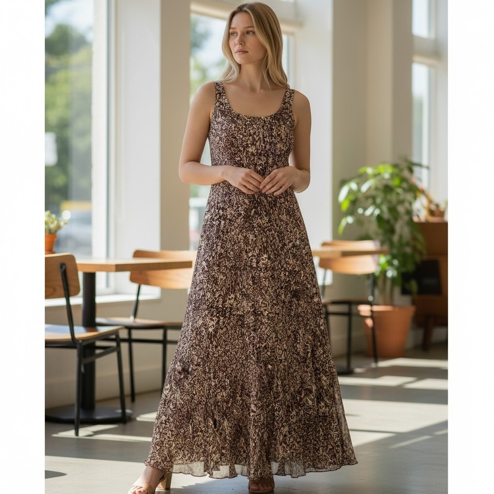 Jones Wear Dress Brown Abstract Print Tiered Maxi Dress Sleeveless Womens Size 6
